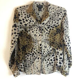 City Silk Blouse Top Women Sz L Tan Brown Animal Print VTG Button Up Long Sleeve